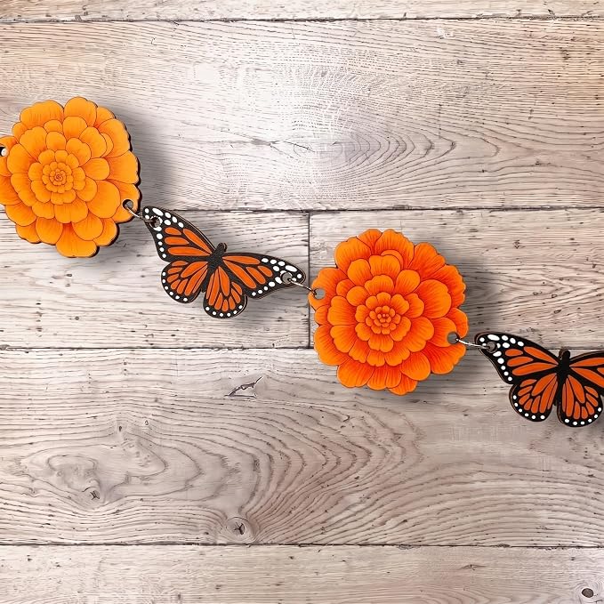 Novabright Day of the Dead Decoration Wooden Banner, Marigold & Buttefly - skull wreath