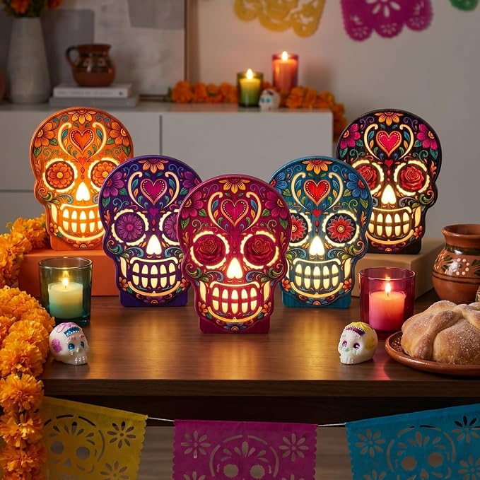 RattanView 5 Pcs Day of The Dead Table Decor Lighted Sugar Skull Decor - skull candle