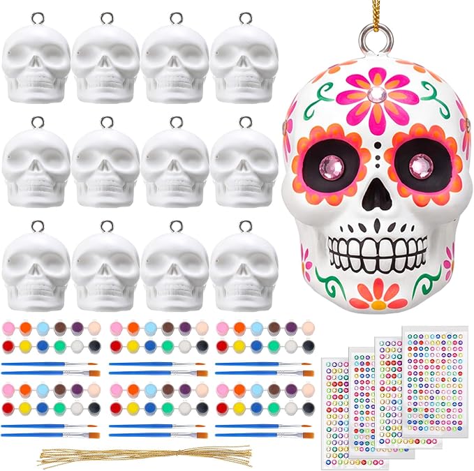 Seenelling 12 Set Day of The Dead Ceramic to Paint DIY Sugar Skull Ornament - skull painting