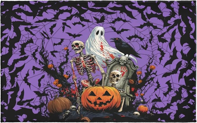 Giwawa Halloween Pumpkin Bath Rug Spooky Ghost Bat Bathtub Mat Washable Plush Carpet Non Slip Floor Mat for Bathroom Laundry Shower Tub 20x32 Inch - skull toilet mat