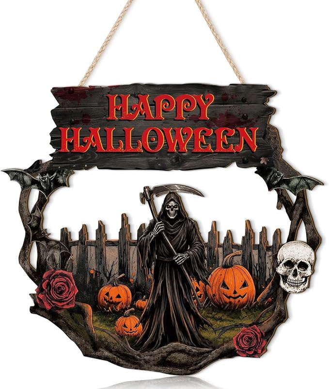 LHIUEM Happy Halloween Wooden Door Hanger Scary Grim Reaper Wall Art