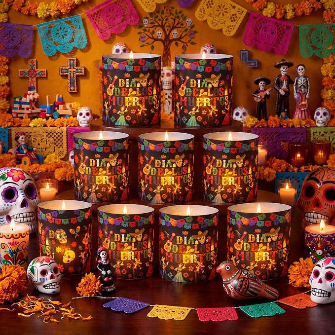 10 Pcs Dia De Los Muertos Table Decor with LED, Black Sugar Skull - skull candle