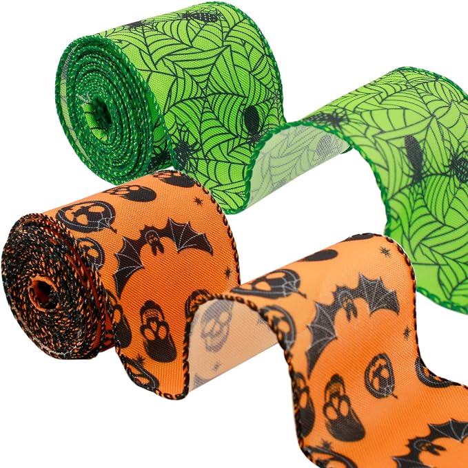 2 Pcs Halloween Wired Edge Ribbon Spider Web Pumpkin Skull Bat Pattern for Wreaths Gift Wrapping Party Decorations Floral Bows DIY Crafts Yellow Green(2.5 Inch 10 Yards)