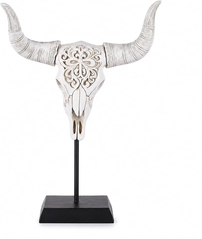 LCCCK Skull Stand Cow Steer Skull Resin Sculpture, Longhorn Horns Statue with Painted Finish for Western Home Decor, Rustic Southwestern Tabletop Shelf Mantel Display - skull figurine