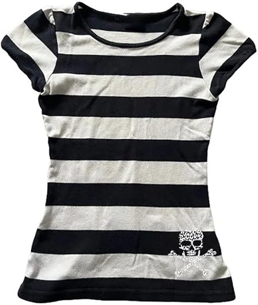 Y2K Tops for Women Stripe Graphic Tees Grunge Clothes Cute Cutecore Alt Shirt 2000s Clothing Downtown Girl Clothes - skull tshirt