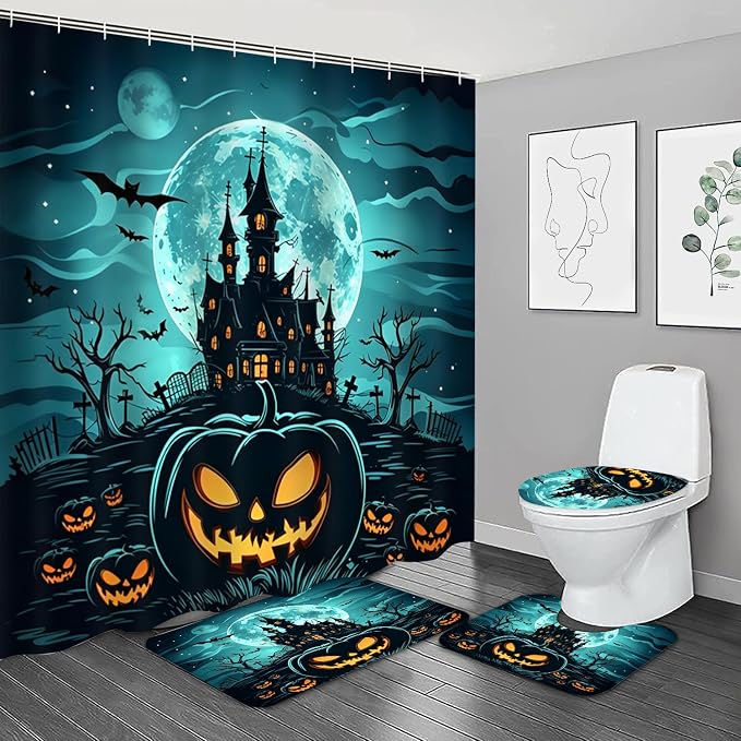 NBVKO Halloween Castle Pumpkin Waterproof Shower Curtain Set,with Non-Slip Rugs,Toilet Lid Coverand Bath Mat,Halloween Bathroom Decor Accessory Set - skull toilet mat