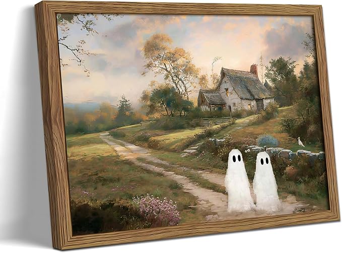 Vintage Landscape Ghost Wall Art, Gothic Halloween Cute Ghost Canvas Wall Decor Painting, Retro Rustic Cottage Farmhouse Poster Print Picture for Living Room Bedroom Entryway 8x10 Inch Framed - skull painting