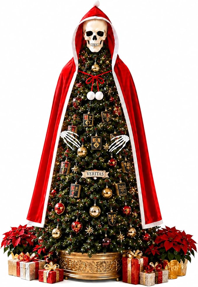 8" Christmas Skull Tree Topper and Red Cloak Skeleton Hand, Goth Xmas Decor - skeleton
