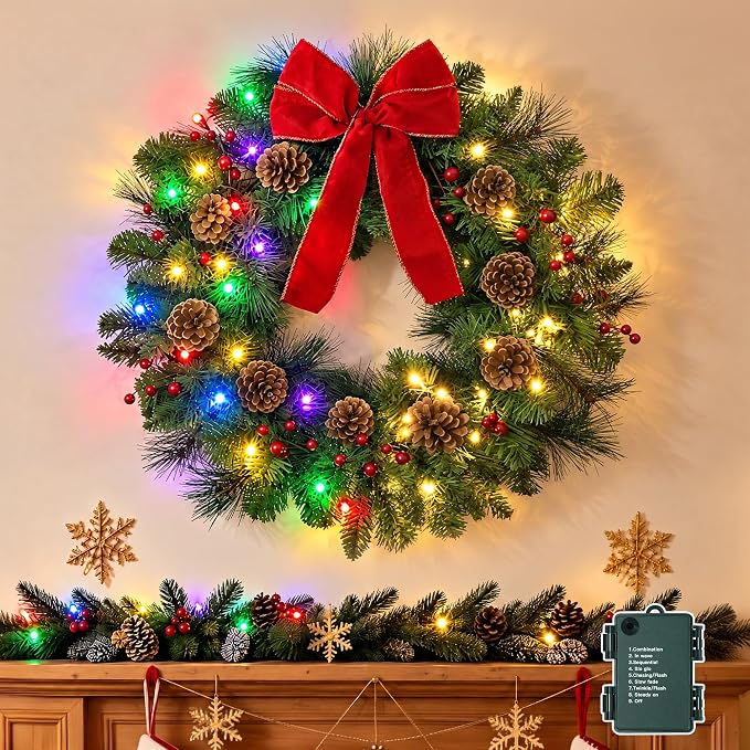 24 Inch Pre-Lit Christmas Wreath with 50 Warm White&Multicolor LEDs - skull wreath