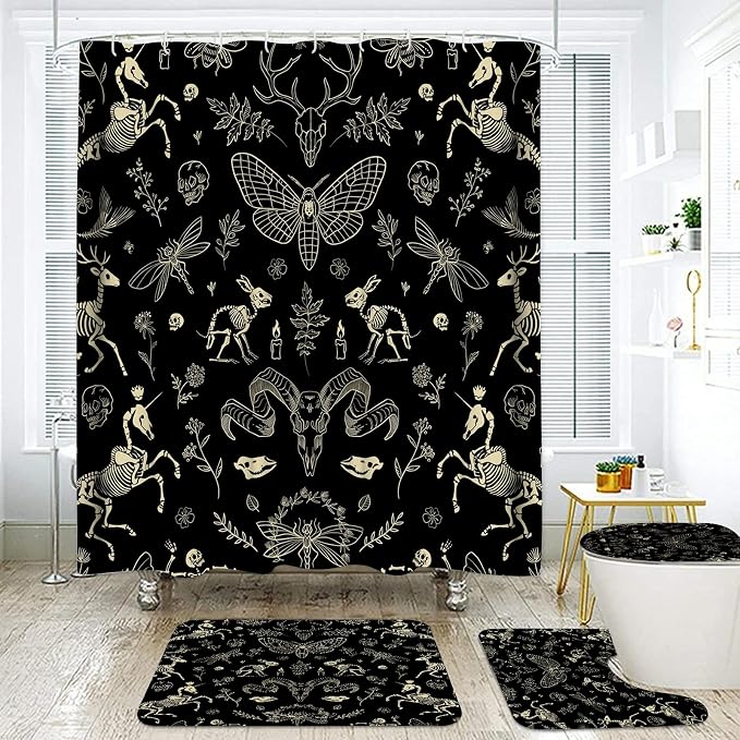 4 Pcs Gothic Shower Curtain,Witchy Shower Curtain Sets with Rugs - skull toilet mat