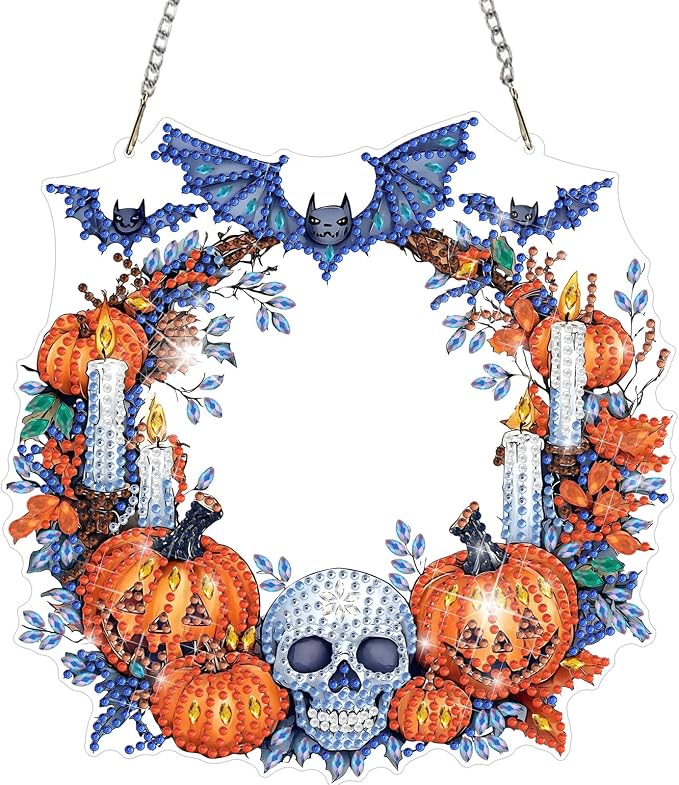 DOMROM Halloween Diamond Art Hanging Kits for Adult, Diamond Painting Skull Wreath, Special Shaped Gem Art Suncatchers Ornament, Halloween Home Window Wall Decor