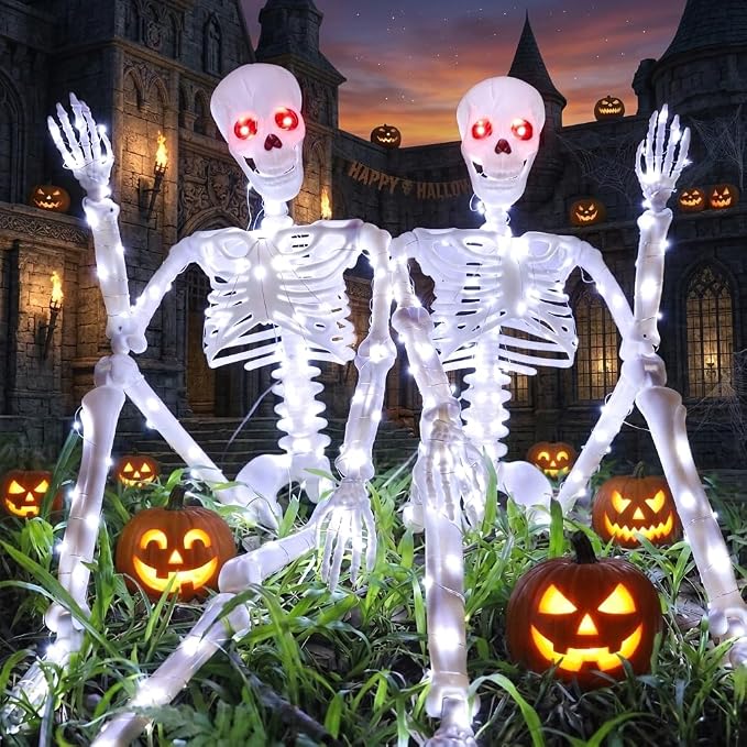 Halloween Decorations Outdoor Skeletons Set – 2 Pack 36″ (90cm) Light Up Skeleton with LED Lights & 2 Red Eyes, Poseable Full Body, Indoor Halloween Decor for Yard, Porch (White)
