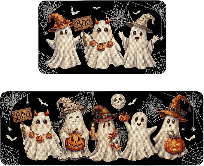 Halloween Ghost Kitchen Mat Decor, Black Halloween Kitchen Rugs Set of 2 Non Slip Washable Ghost Floor Mat Indoor Rug Kitchen Decorations - skull floor mat