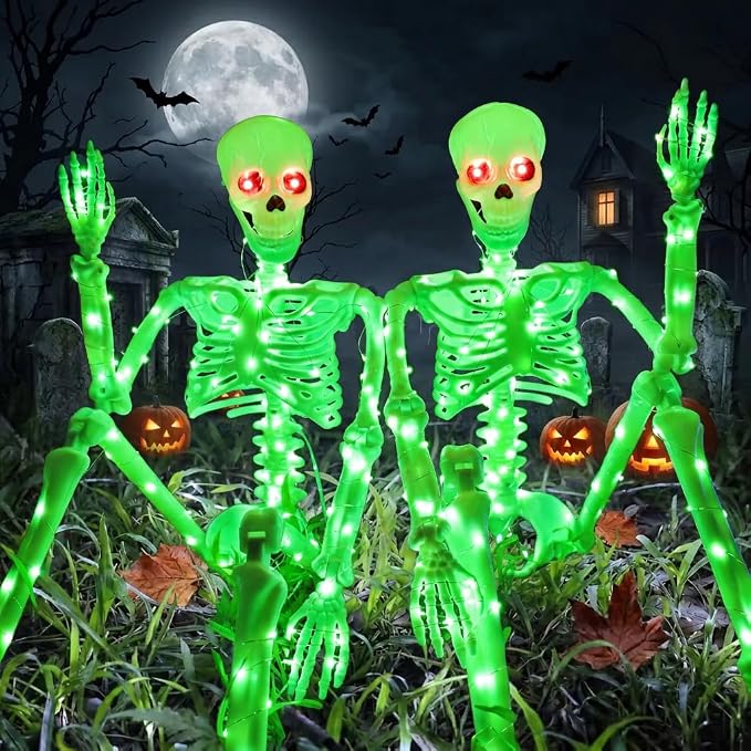 Halloween Decorations Outdoor Skeletons Set – 2 Pack 36″ (90cm) Light Up Skeleton with LED Lights & 2 Red Eyes, Poseable Full Body, Indoor Halloween Decor for Yard, Porch (Green)