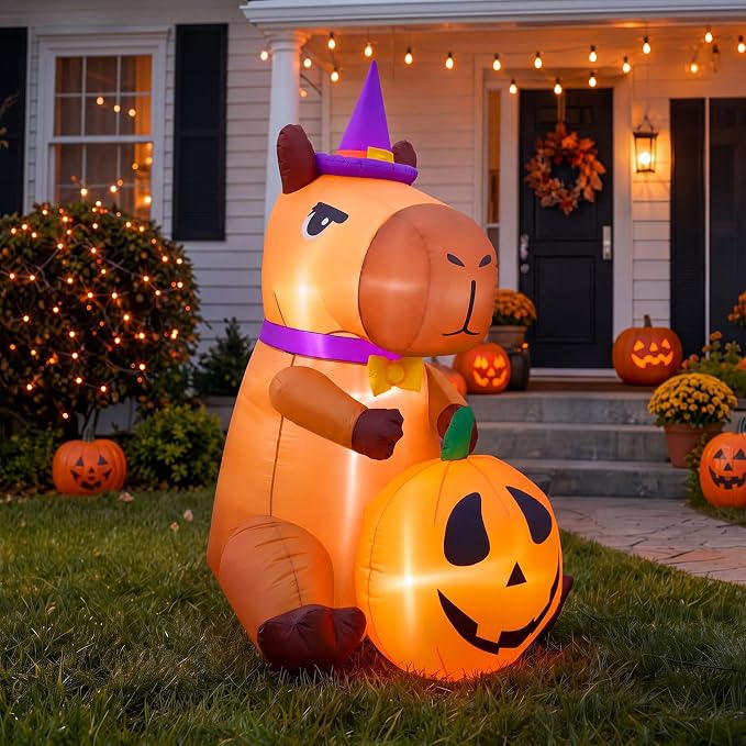 6FT Halloween Capybara Inflatable Decoration Holding Grinning Evil Pumpkin - skull inflatable