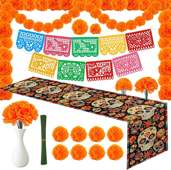HOWAF Day of the Dead Decorations Set, Dia De Los Muertos Decorations Ofrenda Set,1 Sugar Skull Table Runner + 40 Marigold Flowers with Stems + 1 Papel Picado Banner - skull carpet