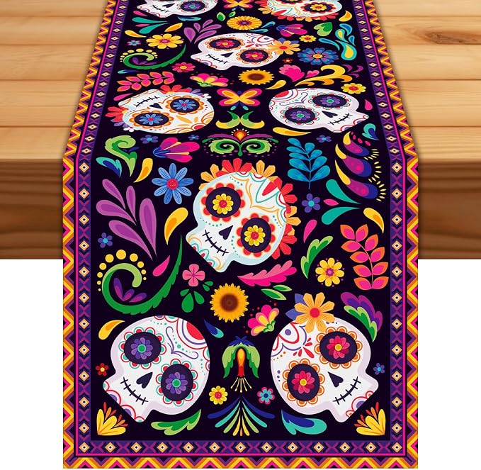 Dia De Los Muertos Table Runner 13" x 72", Ofrenda Decorations for Altar - skull floor mat