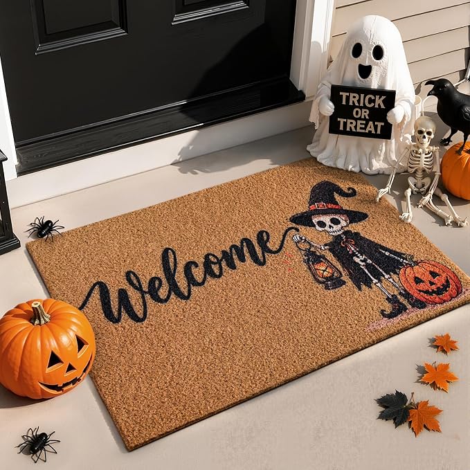 Halloween Door Mat Cute Skull Pumpkin, 17″ x 29″ Non-Slip Outdoor/Indoor