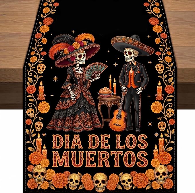 Dia de Los Muertos Table Runner 13x72 Inch, Day of The Dead Ofrenda Altar Decorations for Home Kitchen Dining Room Fiesta Party - skull floor mat