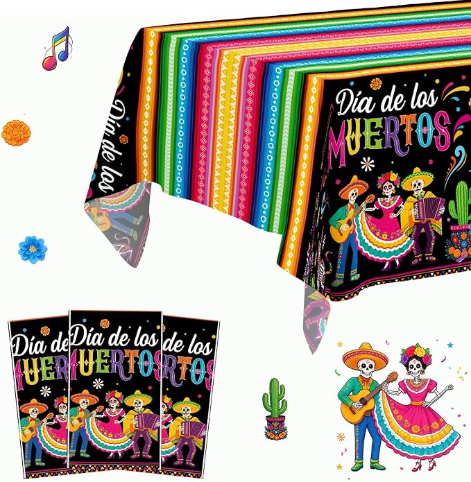 3 Pack Dia De Los Muertos Tablecloths 54 x 108 Inch - skull plate