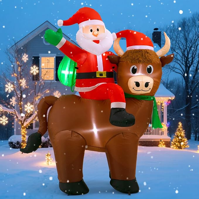 6FT Christmas Inflatables Santa & Highland Cow, Outdoor Yard Decorations - skull inflatable