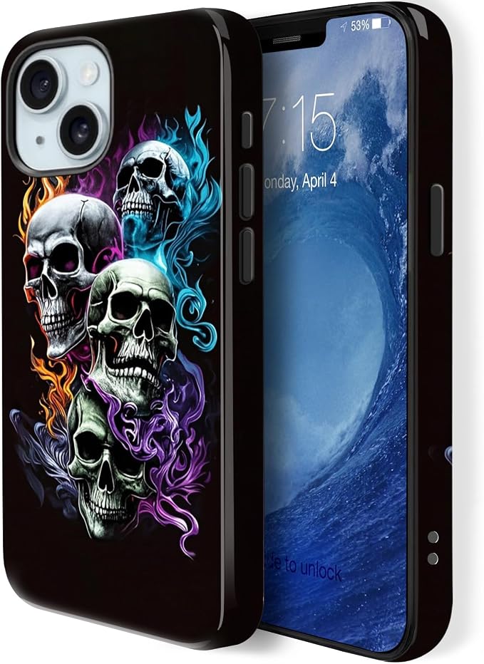 Compatible for iPhone 16 Phone Case,Cool Fire Skulls - Skull phone case