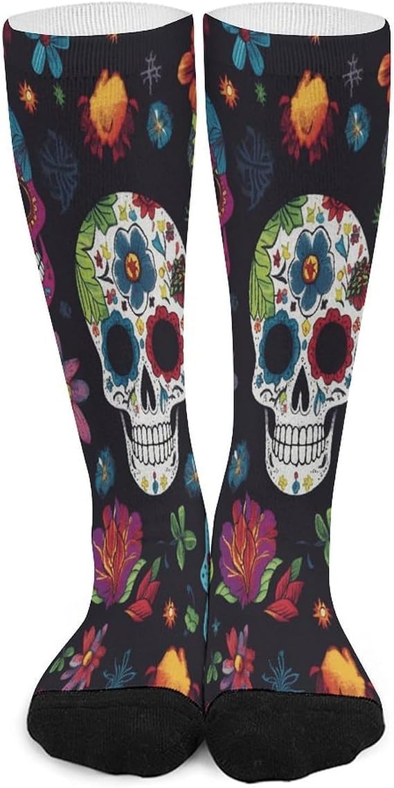 Flower Cactus Sugar Skull Compression Socks for Women Men Soft Cozy Knee High Stockings Casual Funny Crazy Over-the-calf Dress Socks - sugar skull costume
