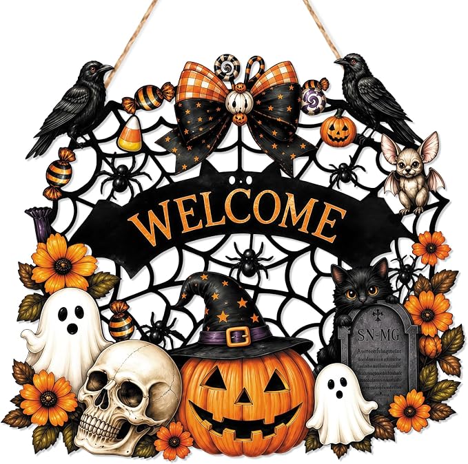 Halloween Door Sign Spooky Vintage Pumpkin Skull Welcome Wreath - skull wreath