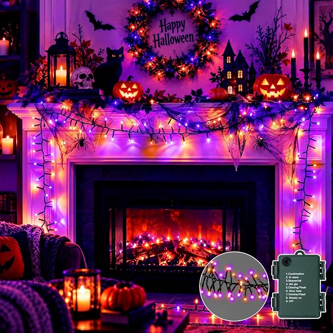 Battery Operated Halloween Cluster Lights, 120 LED Purple Orange Lights - string light