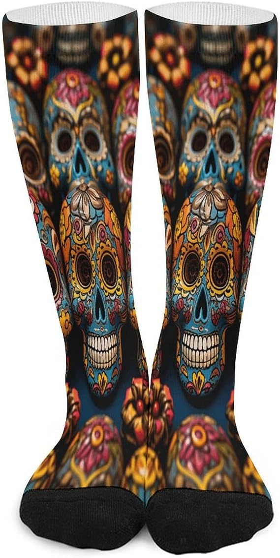 Colorful Sugar Skulls Compression Socks for Women Men Soft Cozy Knee High Stockings Casual Funny Crazy Over-the-calf Dress Socks - sugar skull costume