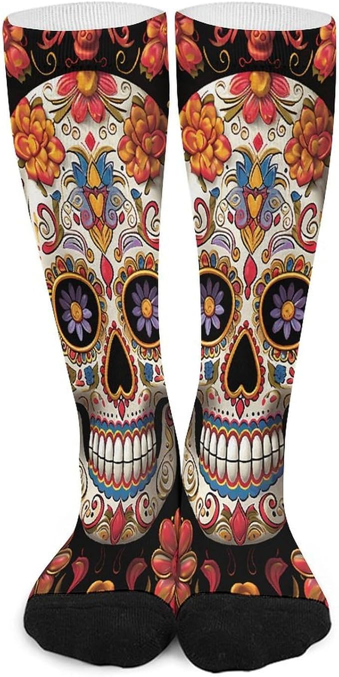 Sugar Skulls Compression Socks for Women Men Soft Cozy Knee High Stockings Casual Funny Crazy Over-the-calf Dress Socks - sugar skull costume