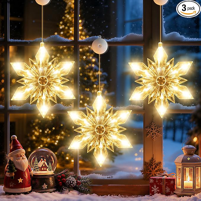 3Pack Christmas Window Lights Decorations Warm White Snowflake Indoor - string light