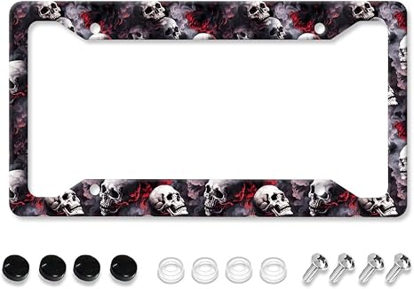 Dark Skull Flames License Plate Frame – Aluminum Gothic Car Cover for US Standard Plates (4 Hole)