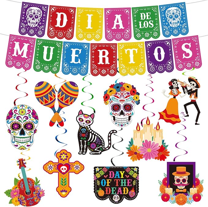 Mexican Dia De Los Muertos Decor Ofrenda Altar Decor Dia De Los Muertos Colorful Papel Picado Hanging Banner Sugar Skull Marigold Day of the Dead Hanging Swirl Decorations for Mexican Party Home Decor - skull carpet