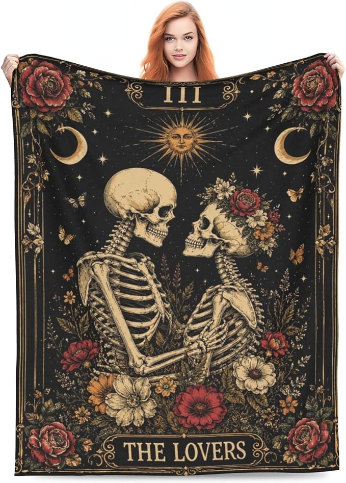 Skeleton Couple Blanket for Kids Women Adults, Gothic Floral Skull Lovers Throw Blankets, Soft Lightweight Fleece for Bed Sofa Home Living Room Decor, Birthday Gifts, 50x60in - skull blanket