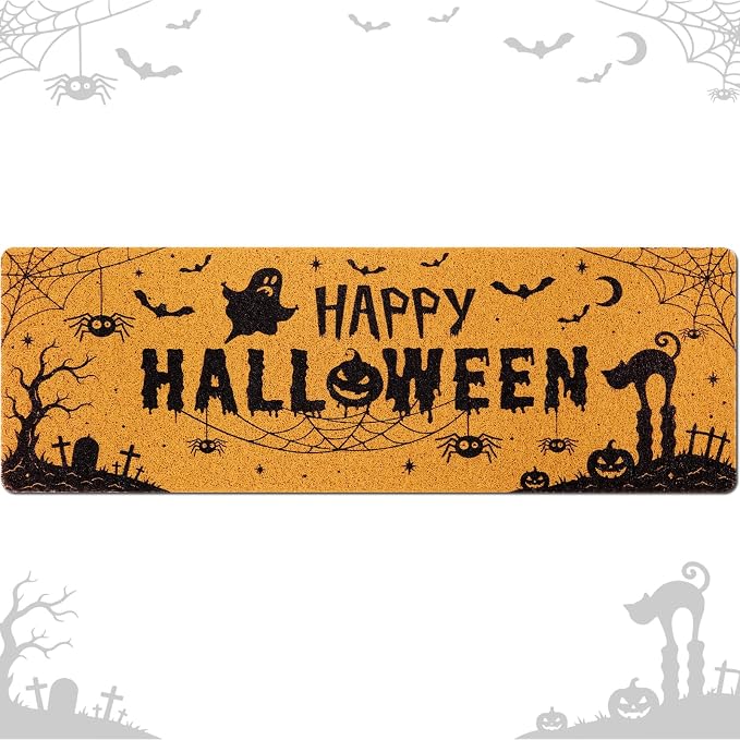 Long Happy Halloween Doormat 48x16'' Black Spider Bat Mat - skull door mat