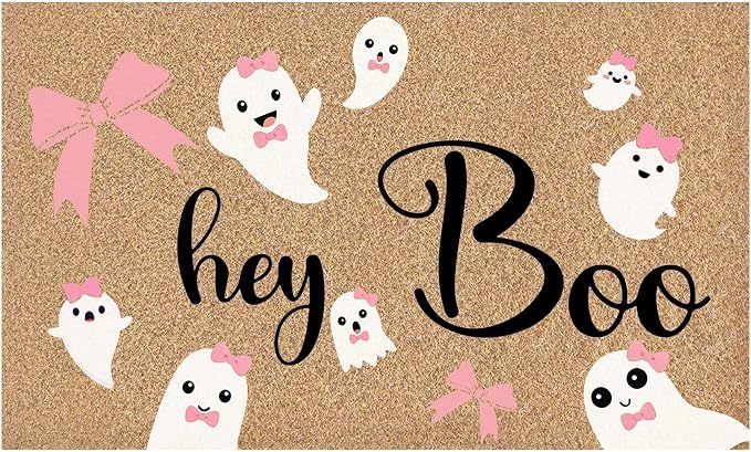 Pink Bow Halloween Ghost Faux Coco Coir Doormat Door Mat 17x30 - skull door mat