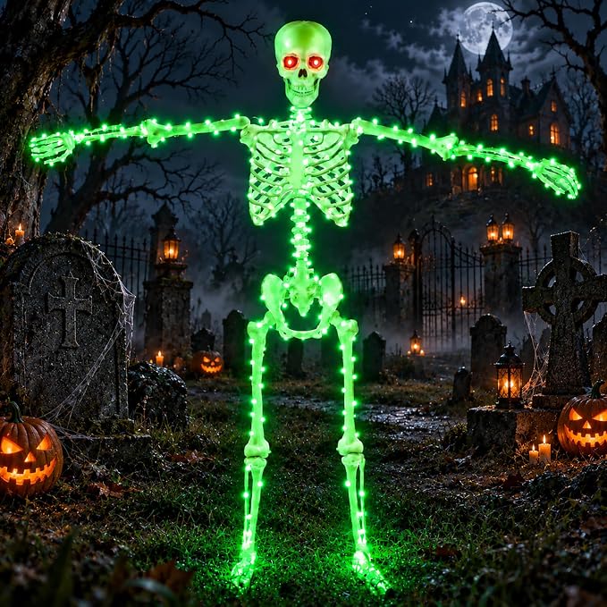 Halloween Skeletons Decorations - 53" (135cm) Light Up Skeleton with LED Lights & 2 Red Eyes, Poseable Full Body, Outdoor Indoor Halloween Decor for Yard, Porch (Green) - skeleton