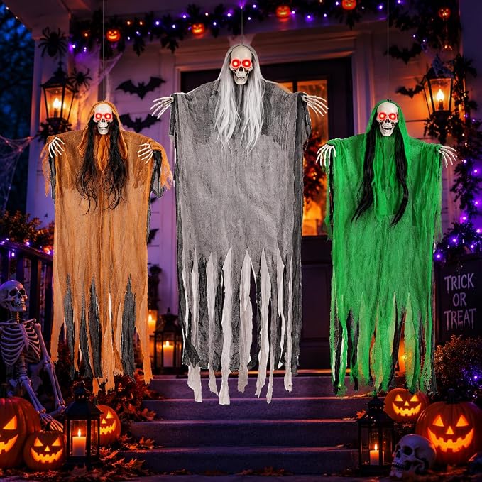 3 Pack Halloween Hanging Skeleton Ghost Decorations with Light Up Red Eyes - skeleton