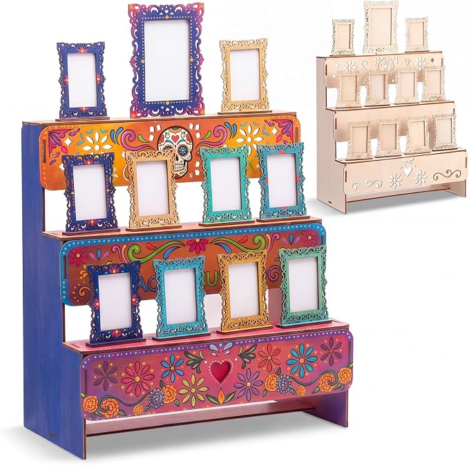 Beeveer Traditional Day of the Dead Ofrenda Altar Wooden Shadow Box - skull candle