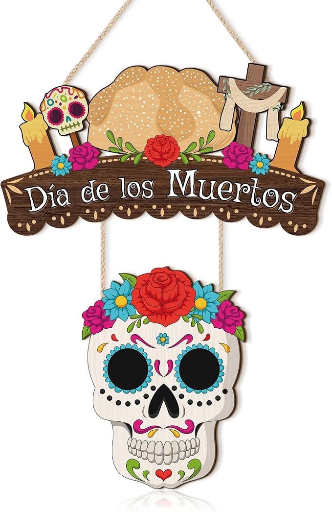 Dia de los Muertos Wood Plaque, Sugar Skull Rose Floral Wooden Sign - skull door mat