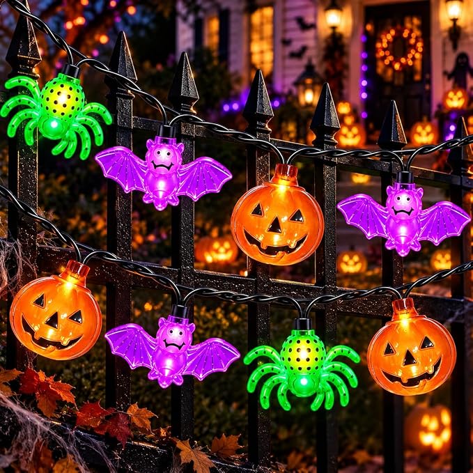 Couah Halloween Pumpkin Bat Spider LED String Lights, 8.5Ft Jack O Lantern Lights with 10 PCS Pumpkin Bat Spider Plug-in Waterproof for Outdoor Indoor Halloween Decorations