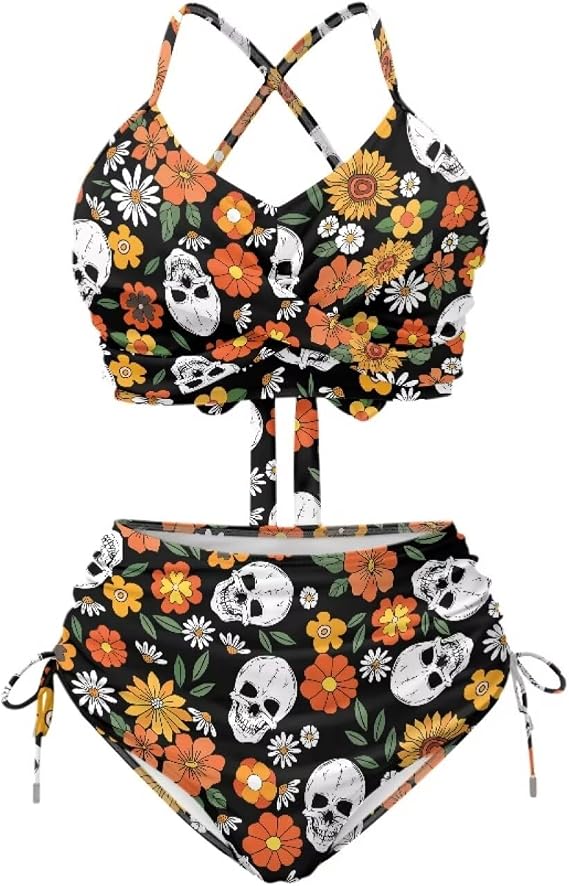 Women's Bikini Set Twist Front Halter Swimsuit Top 2 Piece High Waisted Beach Bathing Suits Swimwear - skull swimsuit