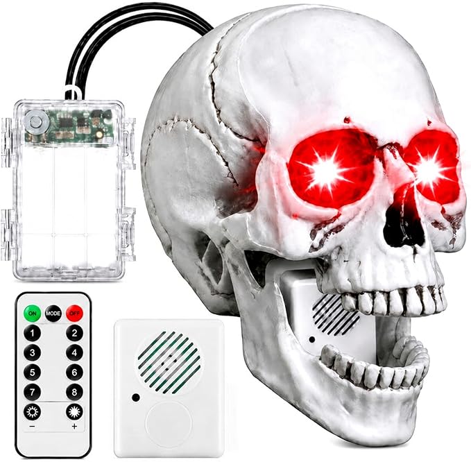 Halloween Spooky Skull Decor with Sound Box & Light up Eyes, Red