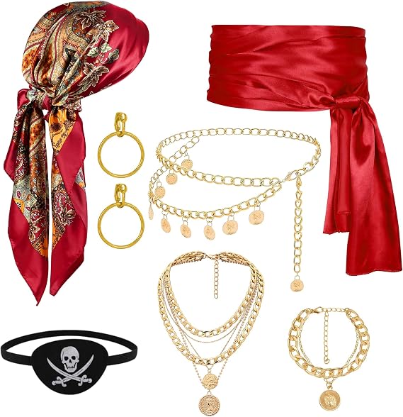 Pirate Costume Accessories Set Women Red Black Bandana Sash Men - sugar skull costume