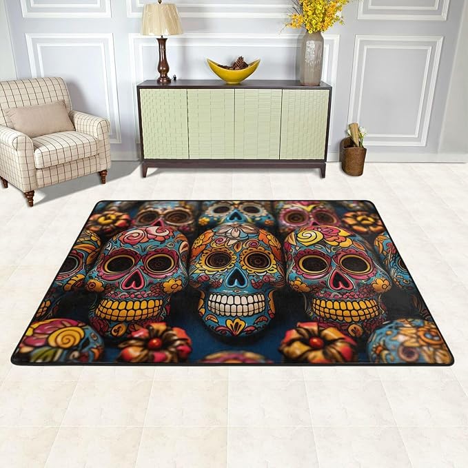 Area Rugs for Living Room 36X24 inch Non-Slip Doormat Low Profile Floor Mats Colorful Sugar Skulls Area Rug Entrance Mat Machine Washable Carpet for Bedroom Dining Room Office Home Decor - skull carpet