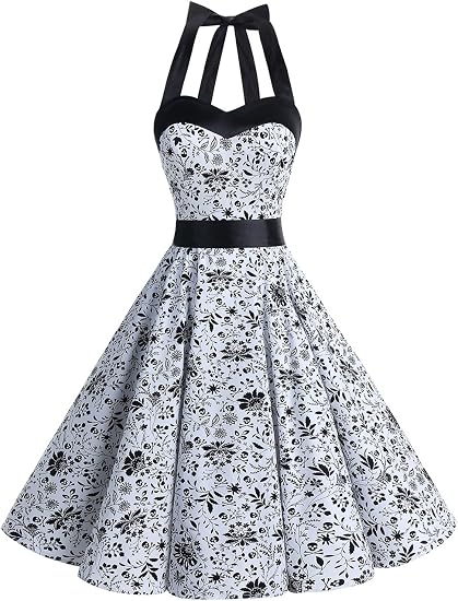 DRESSTELLS Women's Vintage 1950s Cocktail Dress, Retro Tea Party Halter Swing Dresses - sugar skull dress