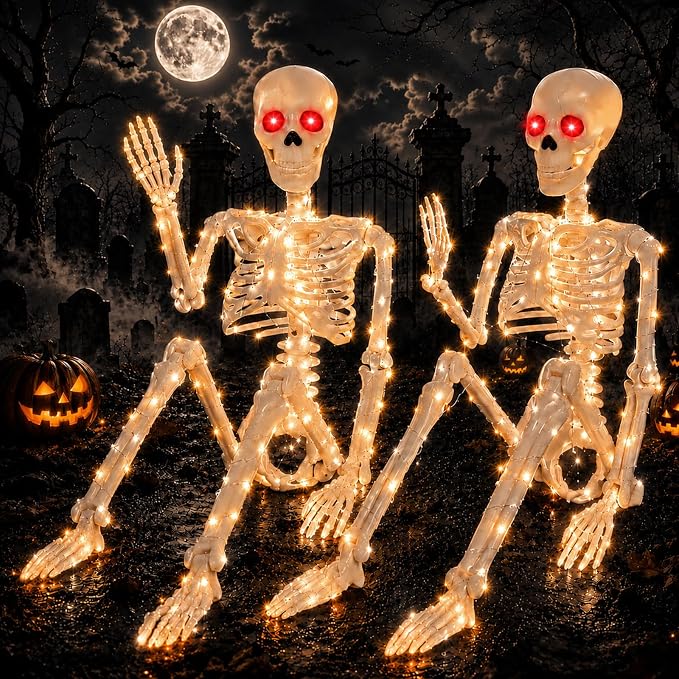 2PCS Halloween Lighted Skeletons Decoration White Light and Red Light Eyes