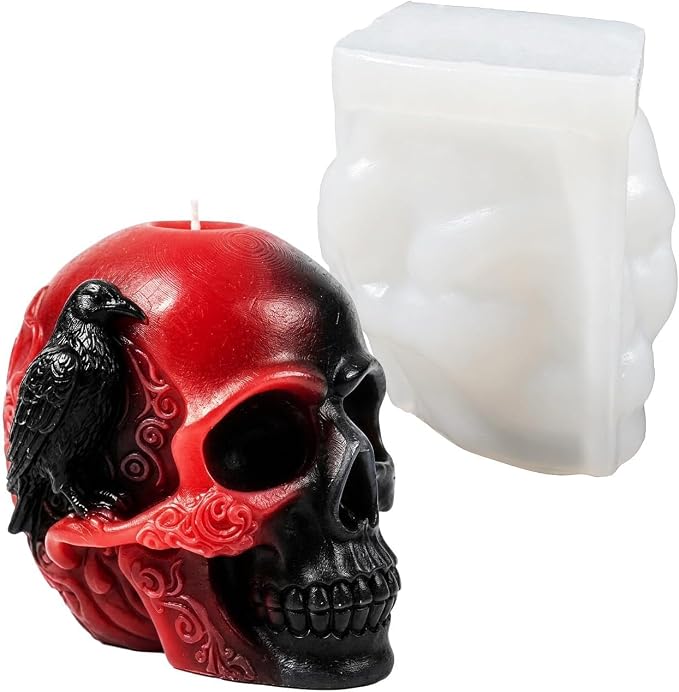 Skull Candle Mold Silicone Halloween Gothic Raven Skull DIY Resin Plaster Candle Making Silicone Mould for DIY Candles, Soap, Plaster Statue, Spooky Halloween Craft Supplies Home Decor - skull candle