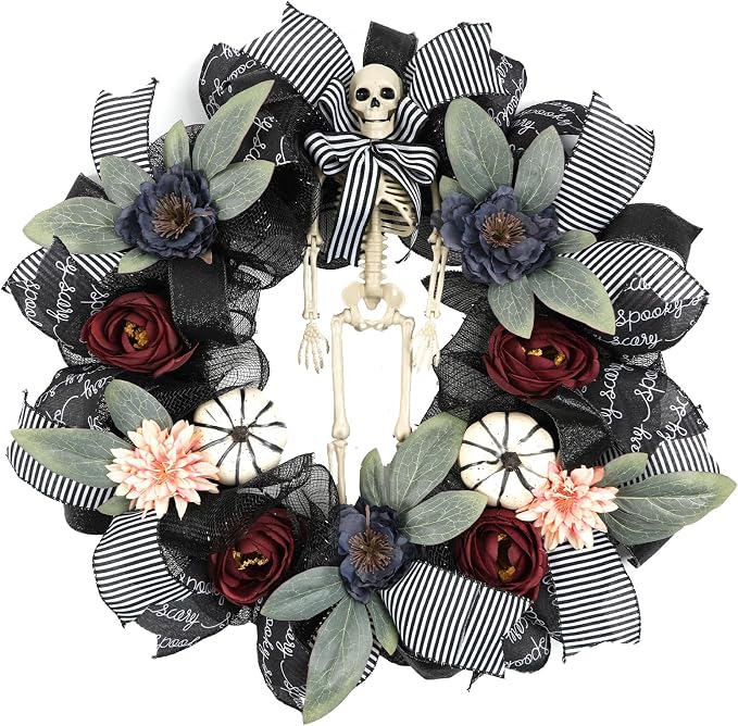 TEMPUS Halloween Wreath for Front Door, 22 Inch Handmade Gothic Skeleton Wreath with Artificial Flowers, Black Mesh, Striped Ribbon and Mini Pumpkins, Spooky Fall Door Decoration - skull wreath
